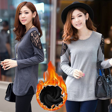 2015冬装新款韩版大码女装加绒蕾丝圆领打底衫中长款长袖T恤上衣