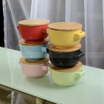 双耳竹盖陶瓷碗 泡面碗汤碗 缤纷彩纹双耳面杯 色彩花纹6款可选