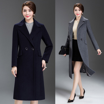 2016新款羊毛呢大衣女加长款过膝外套大码修身韩版女装