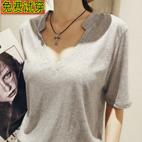 2015夏季新款纯棉女装t恤韩版V领宽松性感复古纯色体恤衫短袖上衣