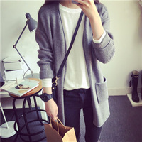 新款2015时尚百搭韩版螺纹口袋长款毛衣针织开衫芥末绿皮粉灰色