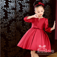 秋冬新款童装礼服裙韩版女童小提琴演奏表演服九分袖红色晚礼服裙