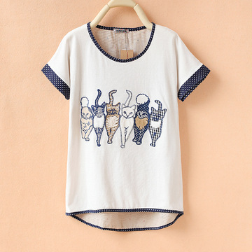 2015日系森女系夏装新款 6只猫宽松大版女式圆领短袖T恤 少女装