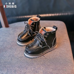 2015冬季真皮儿童雪地靴 韩版男童加绒皮靴子 黑色马丁靴保暖棉鞋