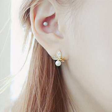 韩国进口珍珠耳钉 蝴蝶珍珠水钻925银针韩版新款时尚气质女耳环