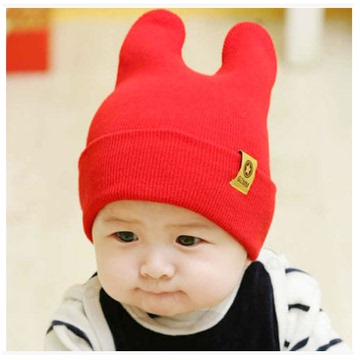 春秋冬季婴幼儿帽子儿童牛角帽胎帽男女宝宝满月百天红色韩版