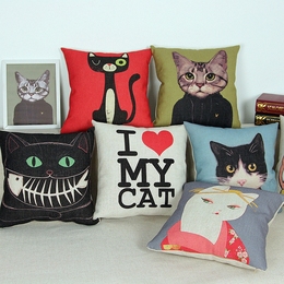 卡通猫咪棉麻抱枕 原创意时尚喵星人靠枕 客厅卧室办公室沙发靠垫