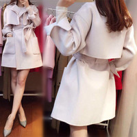 韩国代购2015冬装新款修身系带呢子大衣女加厚粉色中长款毛呢外套