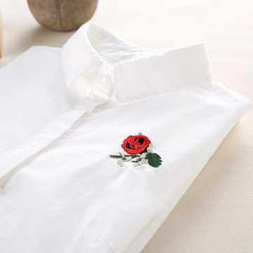 秋季新款白衬衫女长袖玫瑰花刺绣韩国学生百搭显瘦全棉职业白衬衣