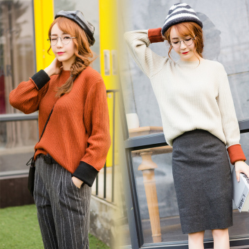 2015韩版秋冬季新款大码针织衫长袖毛衣女套头宽松撞色袖上衣女装