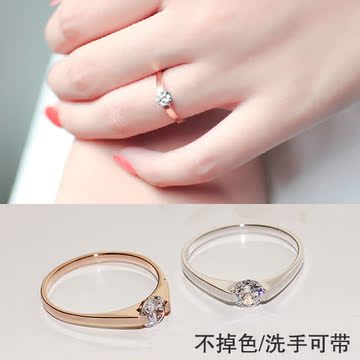 18K玫瑰金钛钢不掉色防过敏戒指 细圈指环仿真钻石锆石 女韩国