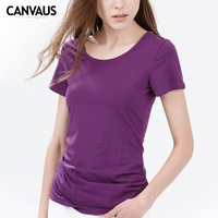 canvaus多宝仕夏新款短袖t恤纯棉紫色褶皱显瘦大码女T恤K105A