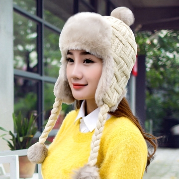 韩版潮加厚针织毛线帽子女士秋冬季加绒雷锋帽护耳帽骑车保暖棉帽