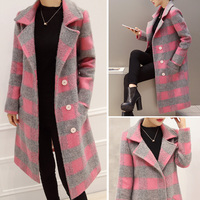 2015冬装新款女装韩版彩色格子长袖毛呢大衣外套中长款毛呢外套女