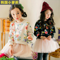 韩国女童棉花朵印花长袖连衣裙中童公主裙子儿童小女孩网纱蓬蓬裙