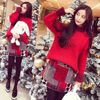 2015冬装新款韩版洋气袖口设计撞色宽松套头毛衣女加厚圆领针织衫