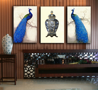 简欧式三联有框装饰画油画现代 客厅餐厅沙发背景墙新古典蓝孔雀
