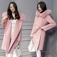 2015冬装新款韩版狐狸毛领连帽中长款毛呢外套女羊毛系带呢子大衣
