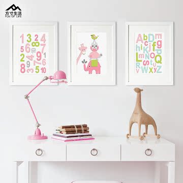 粉色动物 儿童房挂画装饰画 女孩现代卧室床头画公主房数字英文画