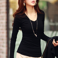 2015韩版秋季大码女装  牛奶丝V领加绒显瘦修身打底衫女长袖t恤