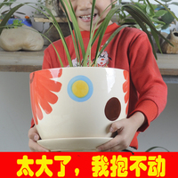陶瓷花盆绿植大号螺纹绿萝花盆带托盘中国风桌面个性简约包免邮