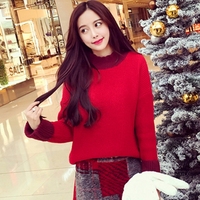 2015冬装新款韩版洋气袖口撞色宽松显瘦套头针织衫毛衣外套女短款