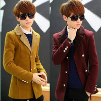 冬季韩版男士帅气纯色风衣青年中长款加厚英伦大衣修身型外套潮男