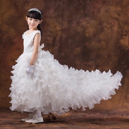 豆豆故事韩国女童公主裙儿童婚纱礼服拖尾裙花童白色钢琴表演裙