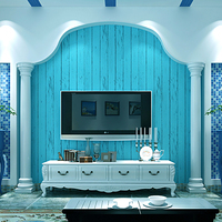 蓝色地中海风格木纹壁纸无纺布复古怀旧客厅电视背景墙竖条纹墙纸