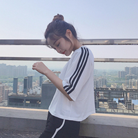 2017夏季短袖T恤女夏装韩国chic原宿风条纹宽松短款露脐高腰上衣