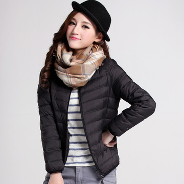 2014冬装新款韩国版羽绒服女短款修身轻薄外套锦纶甜美纯色黑色