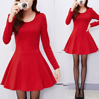 红唇2016年春季女装新款修身长袖圆领连衣裙红色大摆连衣裙