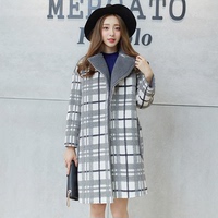 2015冬装新款韩版毛呢大衣女长款经典纯色羊羔毛加厚格纹呢外套