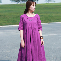 2015春夏原创高端棉麻女连衣裙 文艺高腰抽褶七分袖紫红色中长裙