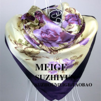 麦桐丝巾 90cm*90cm 紫色名媛花朵花卉女士仿真丝大方巾丝巾围巾
