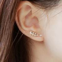 韩国耳钉正品 官网最新款叶子弧形水钻耳环 925银针耳钉耳饰包邮