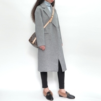 冬装定制vintage复古斜纹羊毛中性灰色超长款毛呢外套西装大衣女