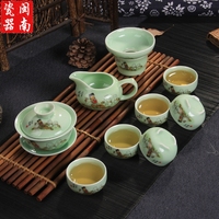 功夫茶具套装6人手绘陶瓷茶具整套家用办公礼品青瓷养生茶具特价