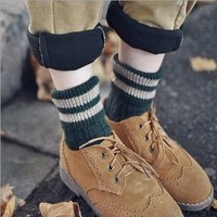 袜子女复古森林系粗线针织羊毛袜保暖袜全棉加厚翻边横ANXeX6UX