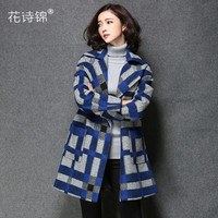 2015秋冬大码新款韩版女中长款简约西装羊绒昵子毛呢外套格子大衣