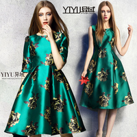 【顺丰包邮】YIYU异域新款欧洲站欧美大牌绿玫瑰印花修身连衣裙女