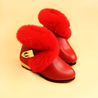 2015冬季女童加绒短靴 红黑色小高跟皮靴子兔毛保暖棉公主鞋童鞋