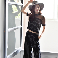 2015夏装新款黑白条纹时尚休闲小香名媛风显瘦时尚套装女两件套