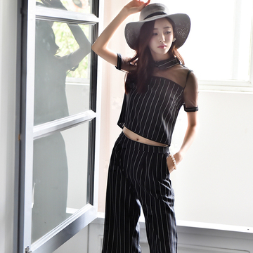 2015夏装新款黑白条纹时尚休闲小香名媛风显瘦时尚套装女两件套