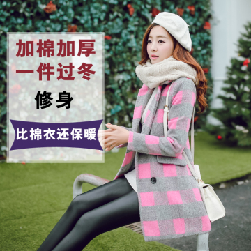 2015韩版女装冬季加厚中长款格子毛呢外套女双排扣茧型羊毛呢大衣