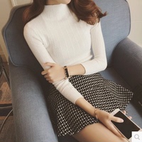 小女人t恤2015冬装新款韩版竖纹纯色半高领修身长袖打底针织衫女