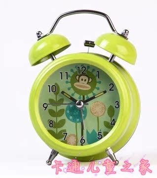 创意绿大嘴猴卡通3寸打铃闹钟带夜灯学生儿童静音卧室复古时钟表