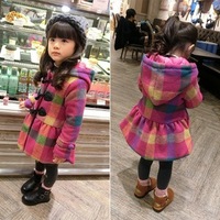 冬季时尚气质韩版女童经典彩色格子羊角扣长袖大衣甜美公主外套