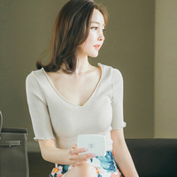 2015夏季新款韩版名媛优雅套头针织衫女 修身V领针织短袖T恤上衣