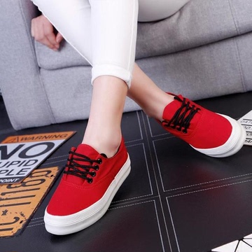 厚底帆布鞋女韩版休闲增高低帮红色板鞋透气学生学生女松糕布鞋潮